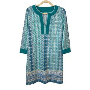 Cabana Life Womens Tunic Dress M Aqua Blue Geometric Print Long Sleeve
